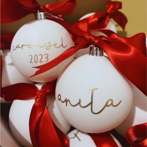 Personalised White Bauble with Double Satin Red Ribbon