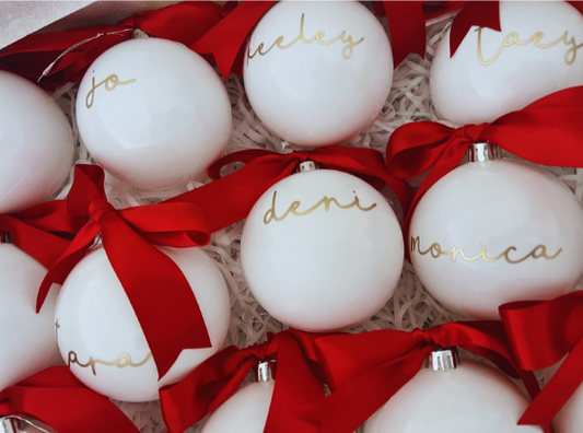 Personalised White Bauble with Double Satin Red Ribbon